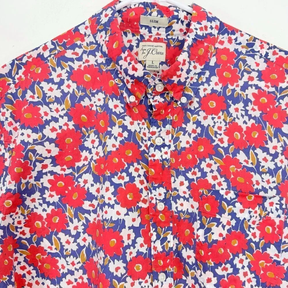 J. Crew Blue Red Floral 100% Cotton Slim Fit Button Down Short Sleeve Shirt